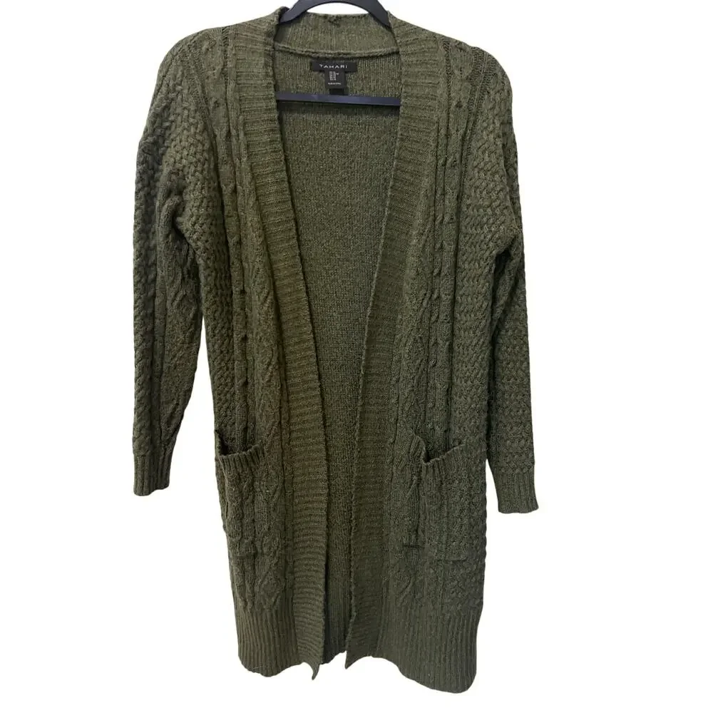 Tahari Long Green Cardigan Women's Size XS Twee Office Siren Cable Knit
